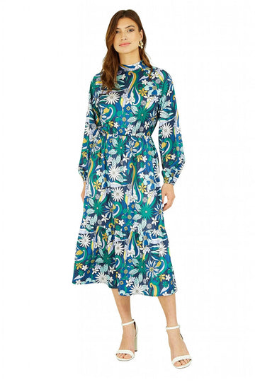 Seventies Floral Print High Neck Midi Dress Yumi